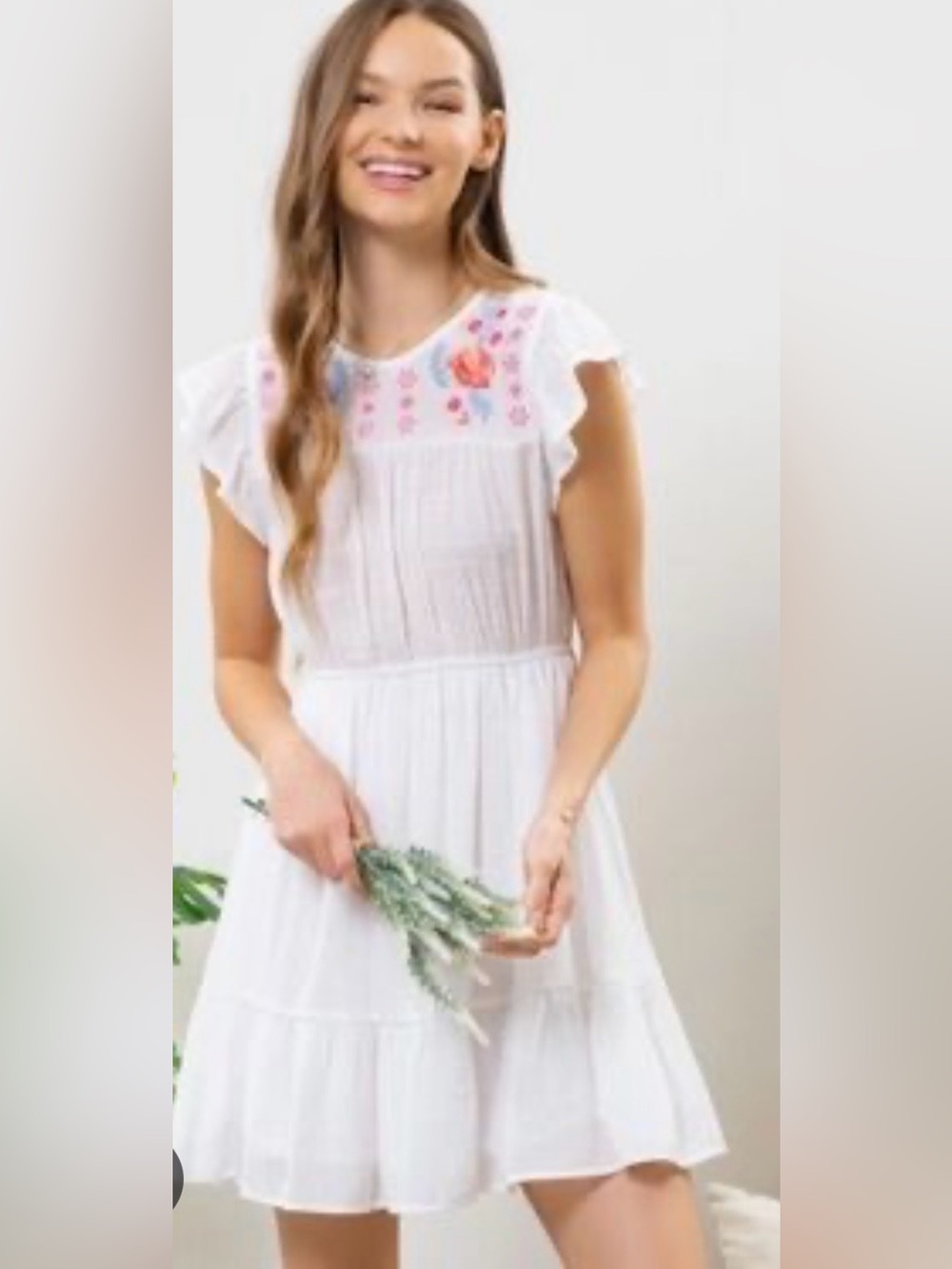 MINE  Embroidered Floral White Dress Boho Peasant size medium